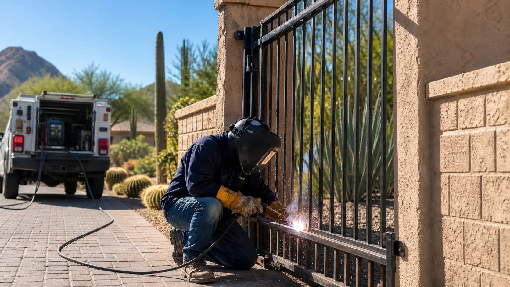 Mobile welder repairing a steel gate in Gilbert Arizona